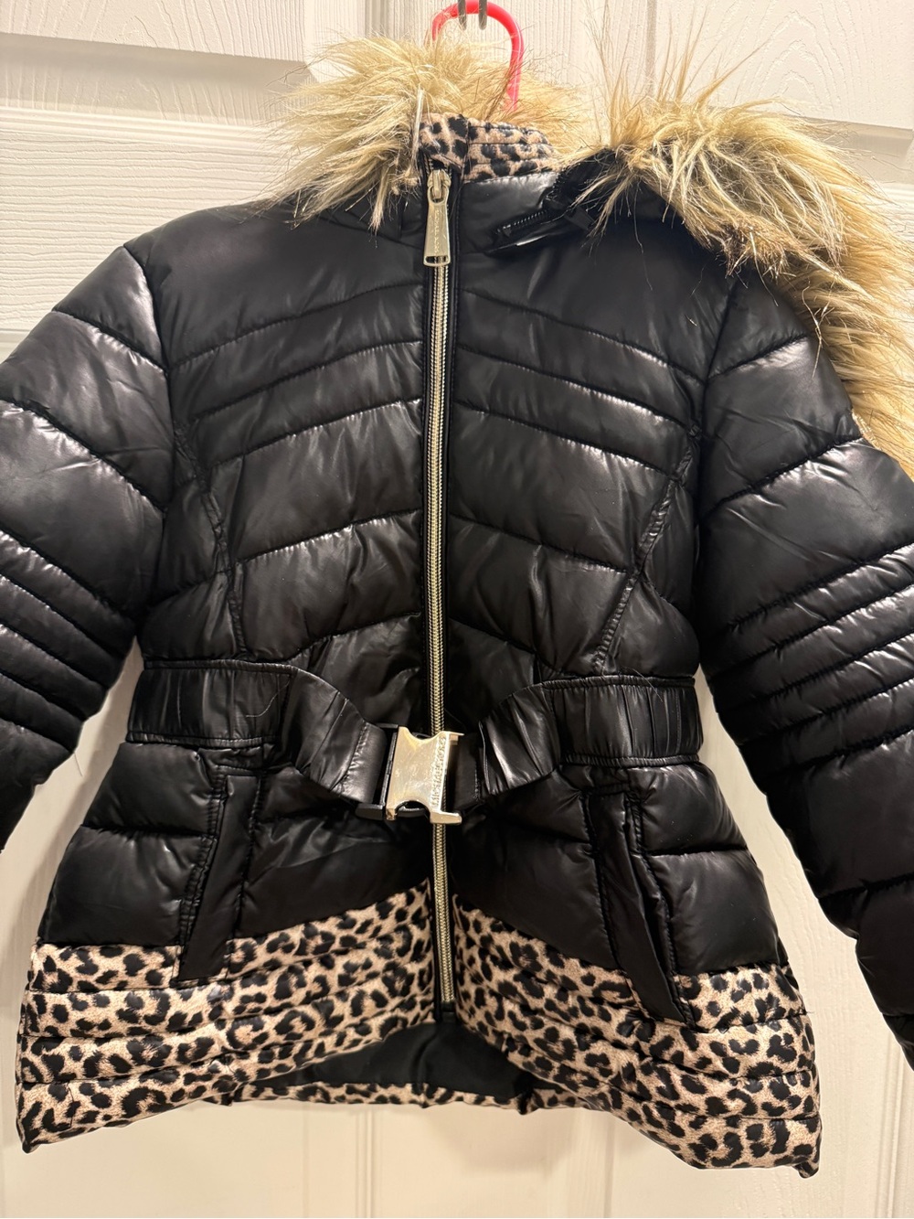 Michael Kors Girls 3T Puffer Coat Faux Fur Hood Black Leopard Print Jacket - Picture 6 of 14